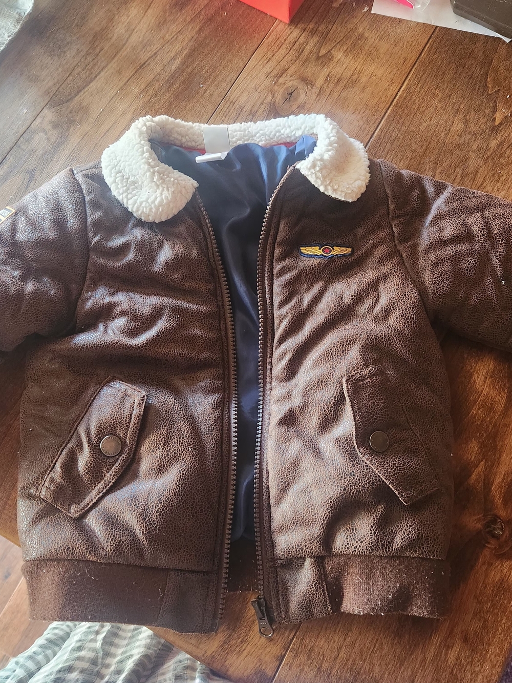 Kids Brown Aviator Faux-Leather Jacket with Sherpa Collar